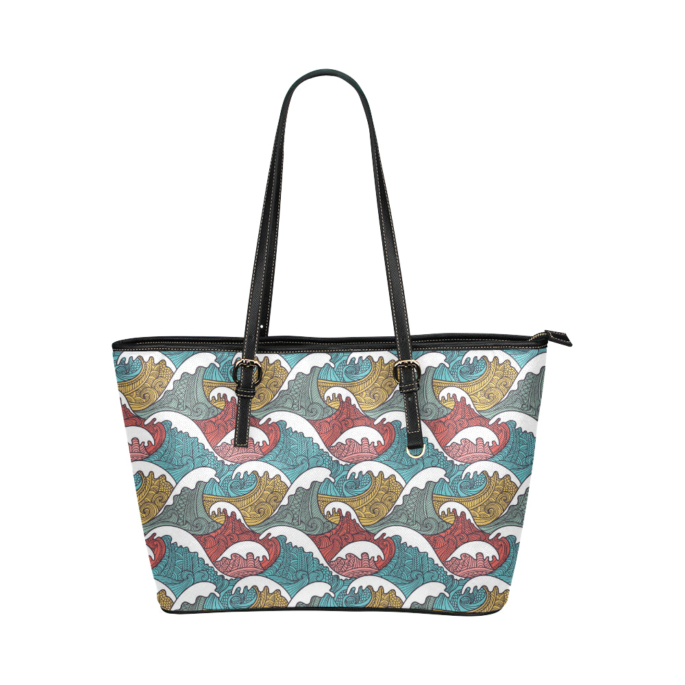 Tribal Wave Pattern Print Leather Tote Bag