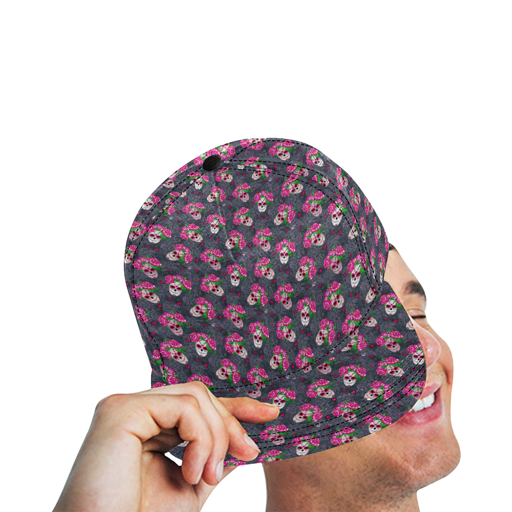 Sugar Skull Pink Rose Themed Print Snapback Cap