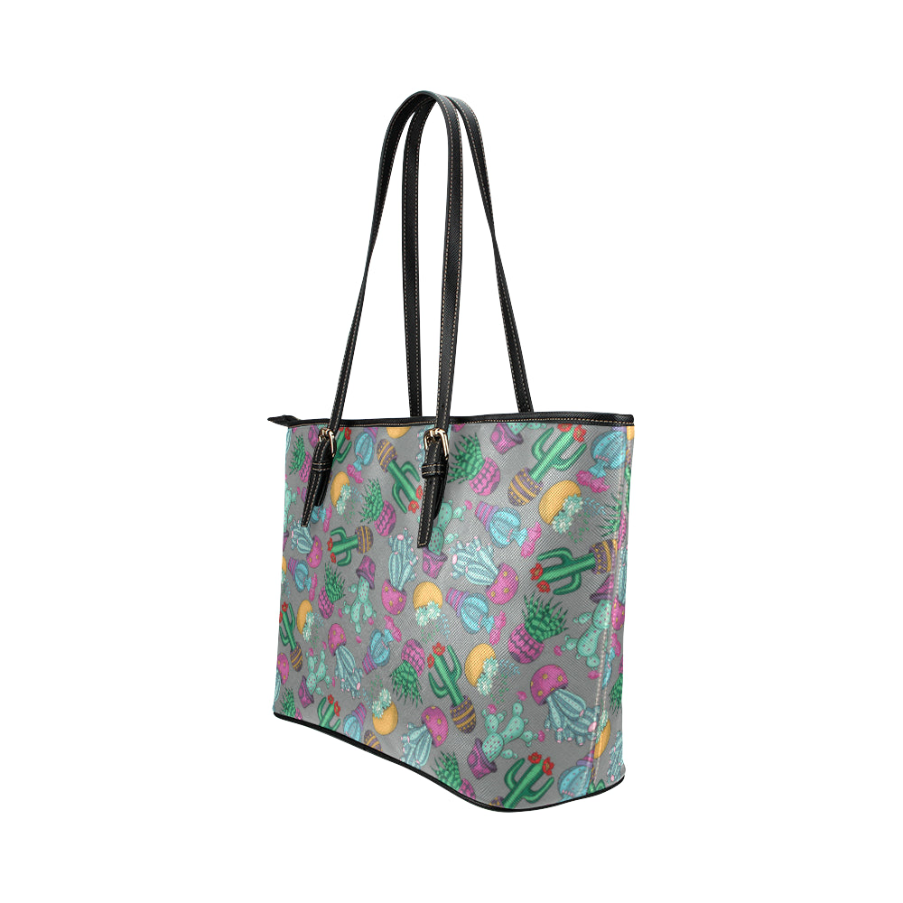 Cactus Colorful Print Pattern Leather Tote Bag