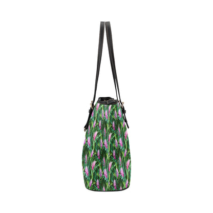 Tropical Folower Pink Heliconia Print Leather Tote Bag