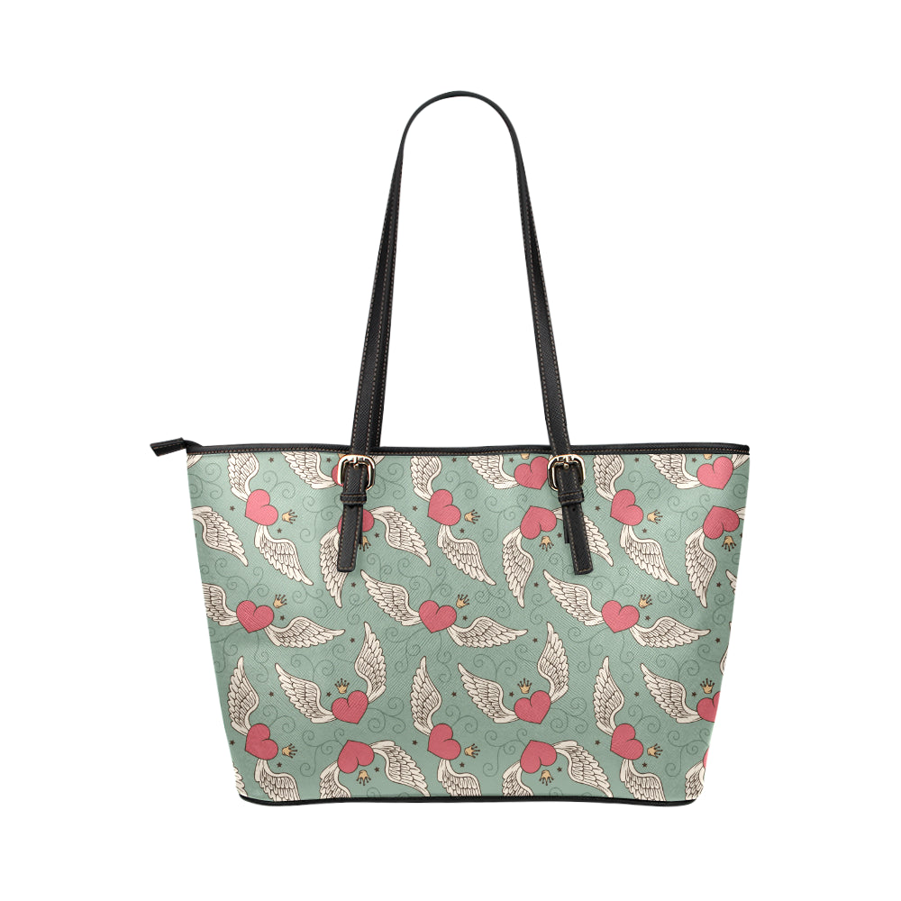 Angel Wings Heart Design Themed Print Leather Tote Bag