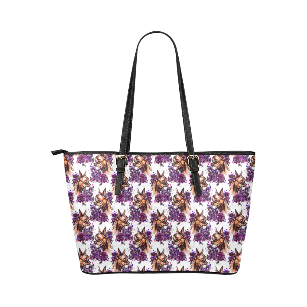 Chihuahua Purple Floral Leather Tote Bag