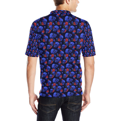 Skull Roses Neon Design Themed Print Men Polo Shirt