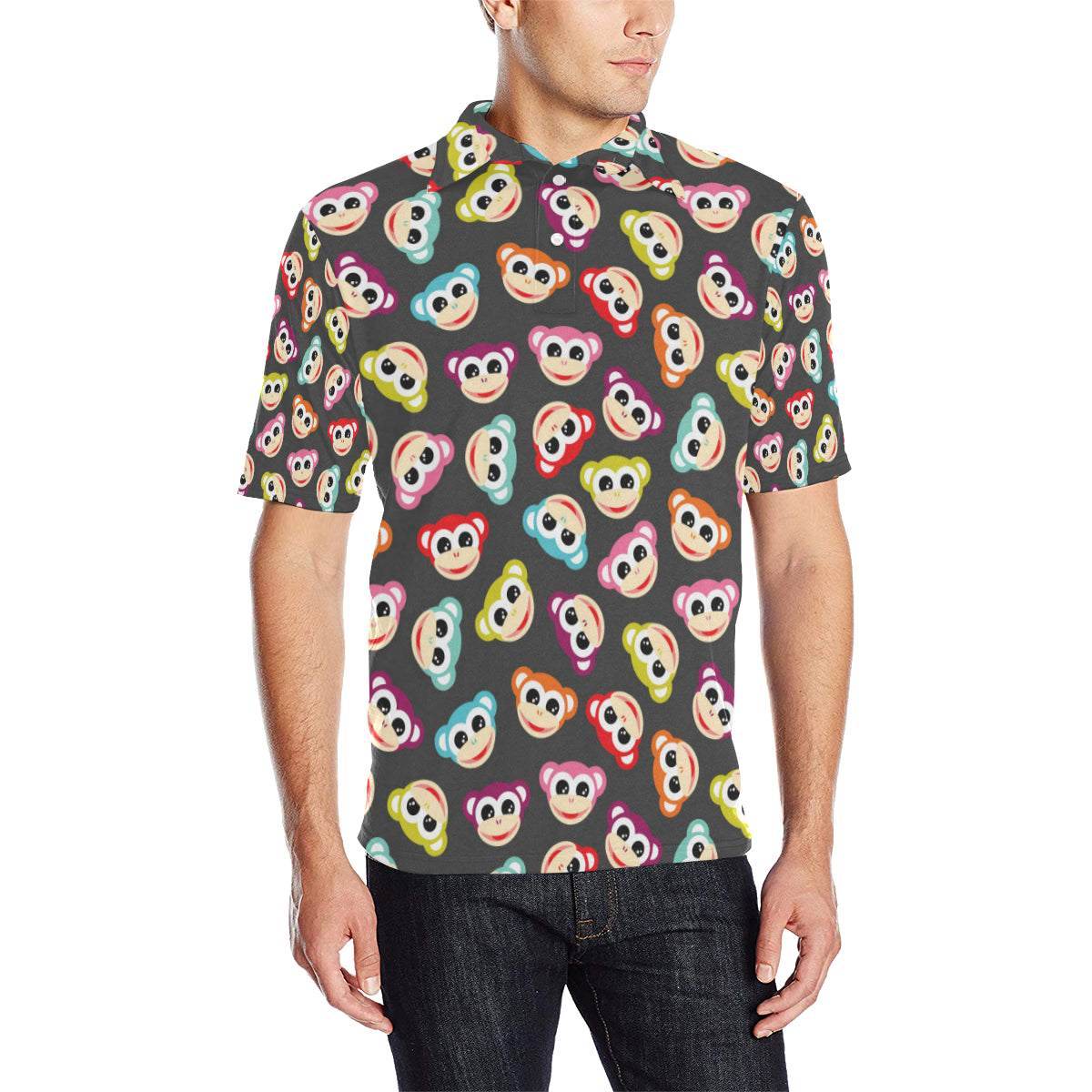 Monkey Head Design Themed Print Men Polo Shirt