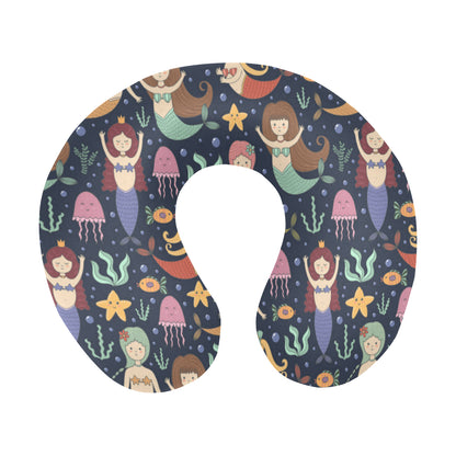 Mermaid Cartoon Pattern Print Design 03 U-Shaped Travel Neck Pillow