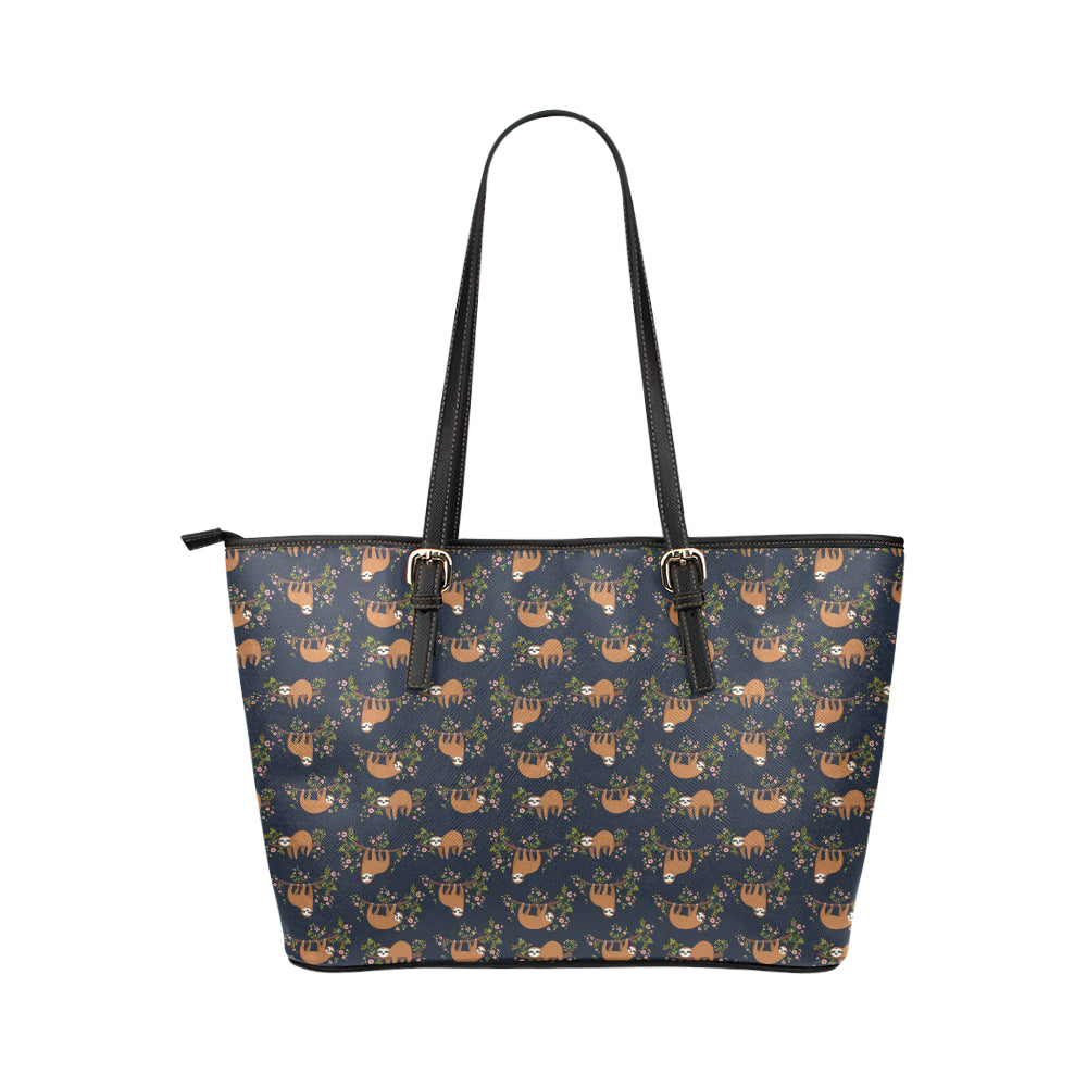 Sloth flower Design Themed Print Leather Tote Bag