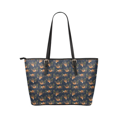 Sloth flower Design Themed Print Leather Tote Bag
