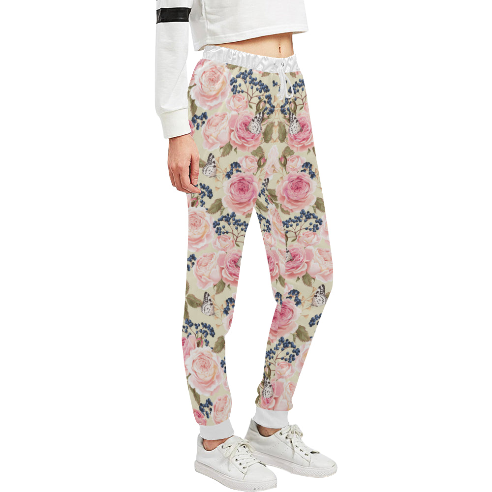 Floral Pink Butterfly Print Unisex Sweatpants