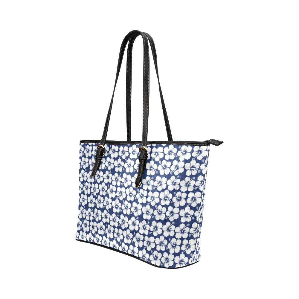 Hibiscus Blue Hawaiian Flower Pattern Leather Tote Bag