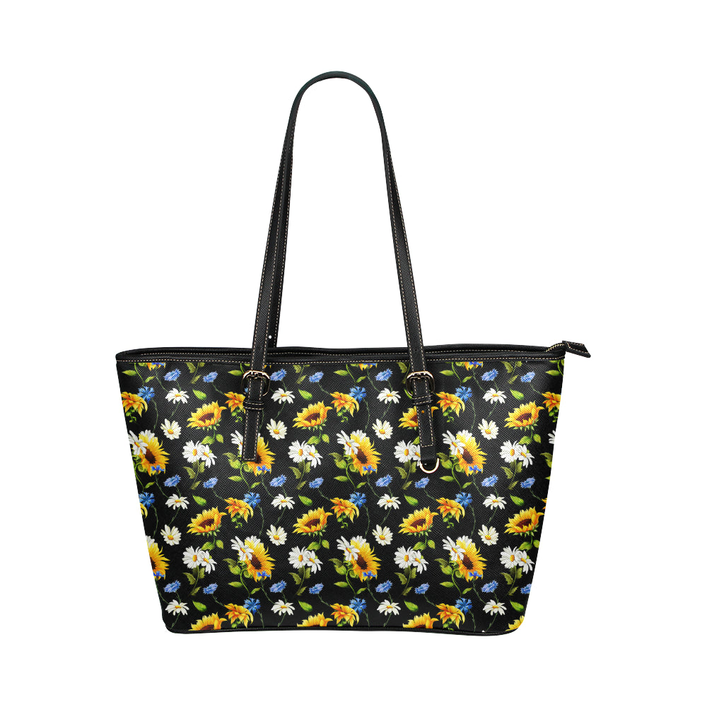Sunflower Chamomile Bright Color Print Leather Tote Bag