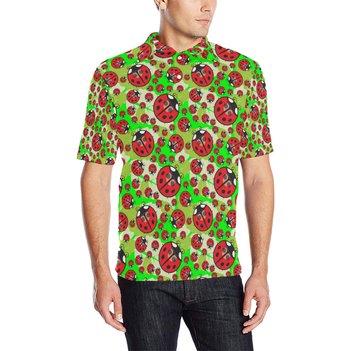 Ladybug with Leaf Print Pattern Men Polo Shirt
