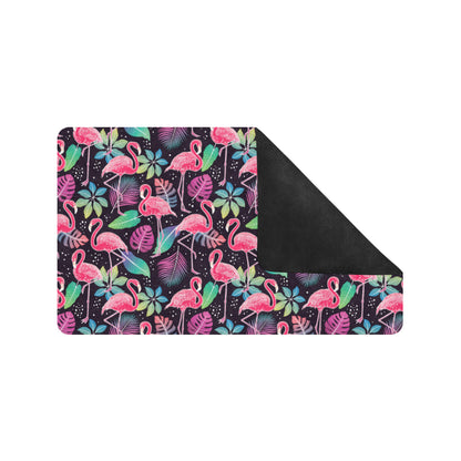 Flamingo Tropical leaves Neon Print Rubber Doormat