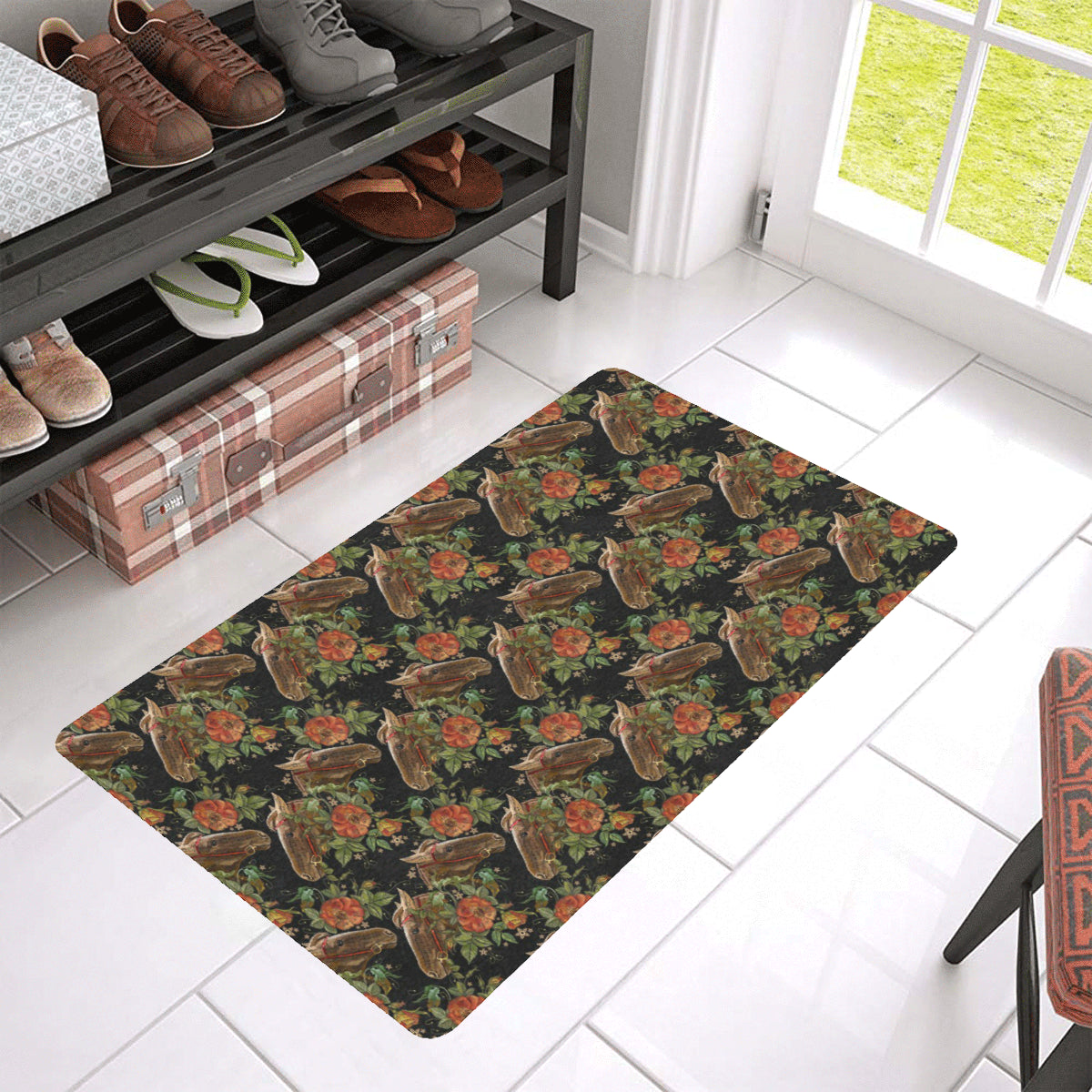 Horse Embroidery with Flower Design Rubber Doormat