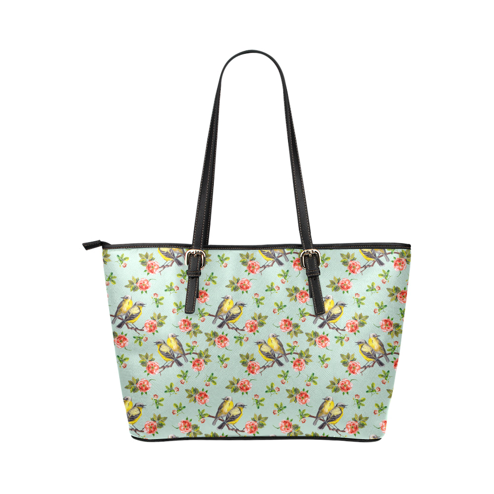 Bird with Red Flower Print Pattern Leather Tote Bag