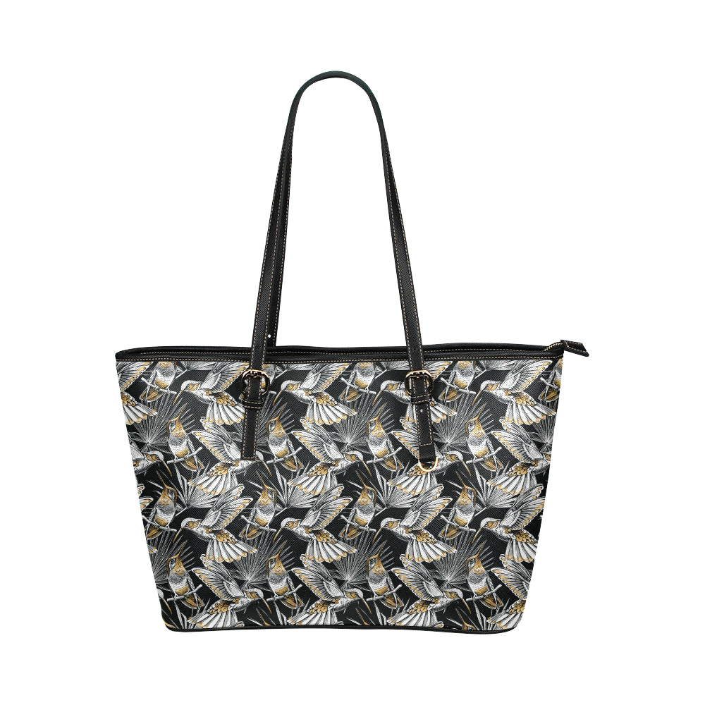 Hummingbird Gold Design Themed Print Leather Tote Bag