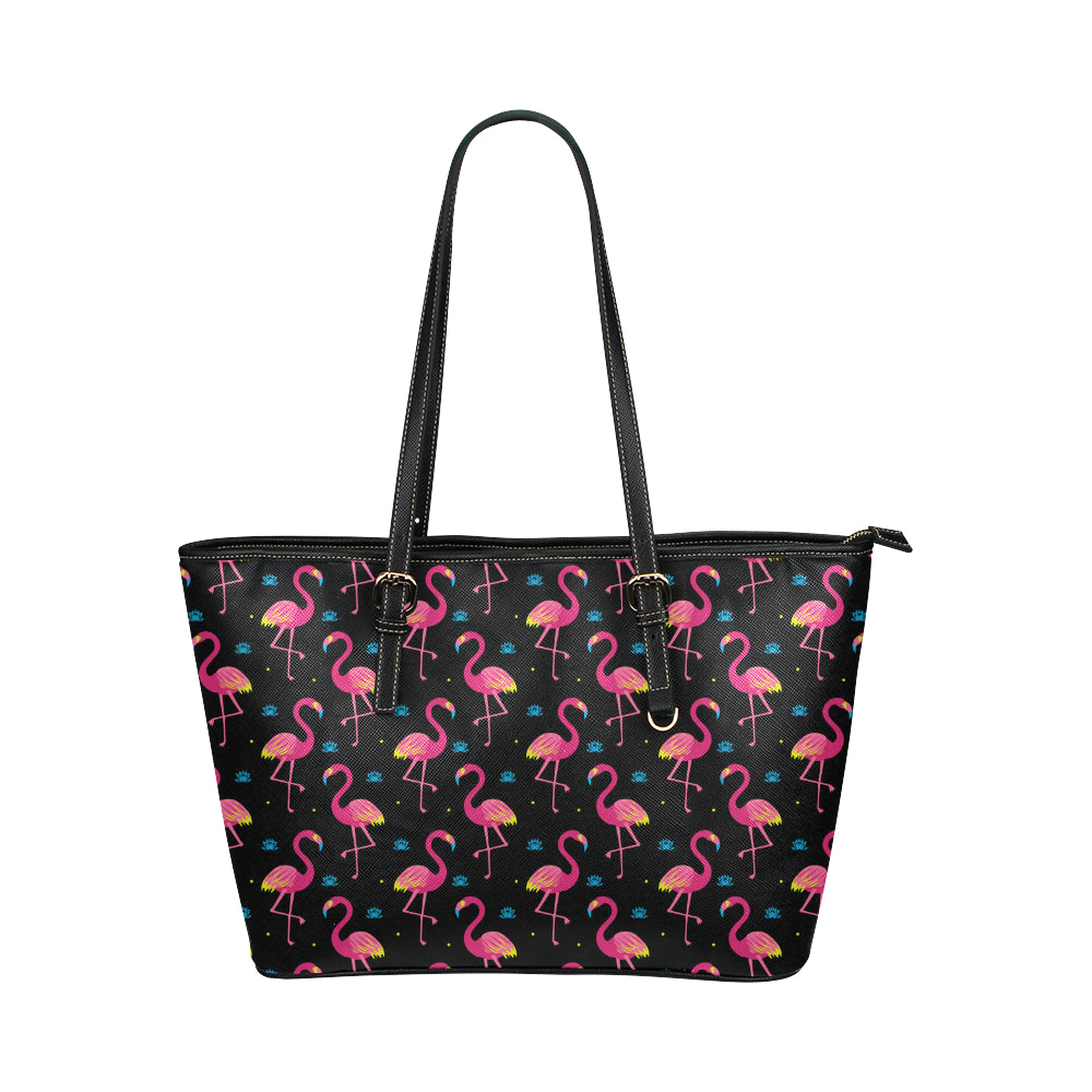 Flamingo Pink Neon Print Pattern Leather Tote Bag