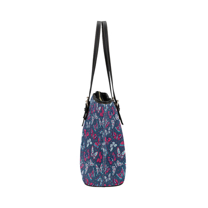 Butterfly Red Deep Blue Print Pattern Leather Tote Bag