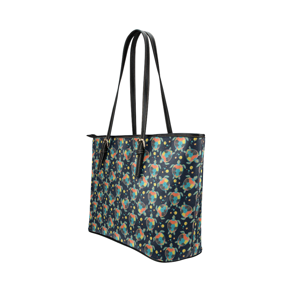Sea Turtle Colorful with bubble Print Leather Tote Bag