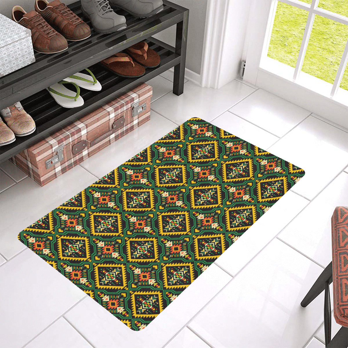Kente Green Design African Print Rubber Doormat