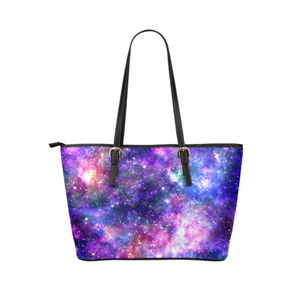 Galaxy Night Stardust Space Print Leather Tote Bag