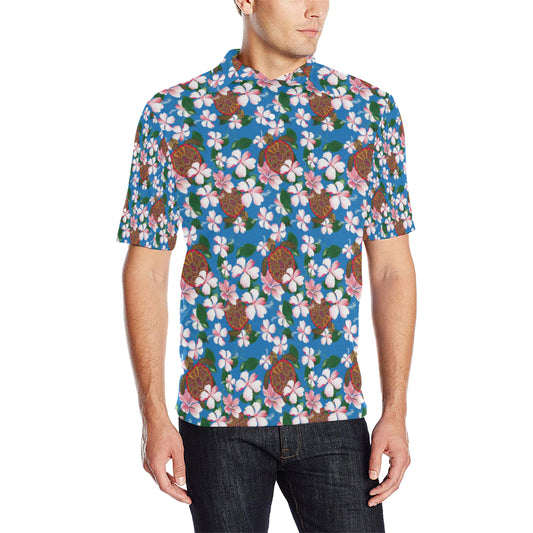 Sea Turtle Pink Hibiscus Hawaiian Print Men Polo Shirt
