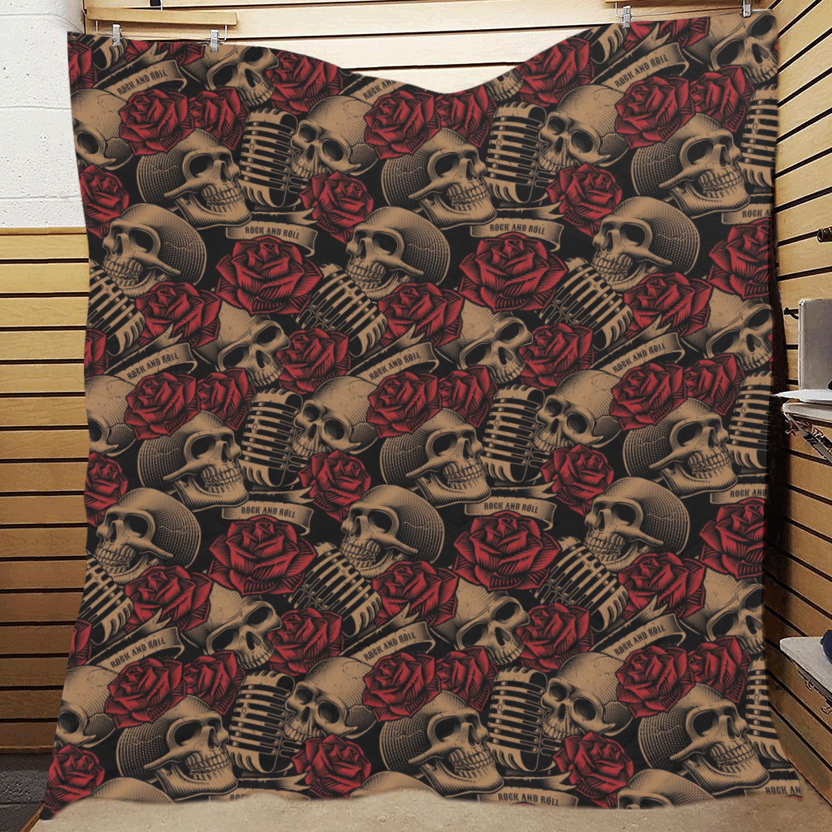 Microphone Skull Rose Pattern Print Design 02 Premium Quilt
