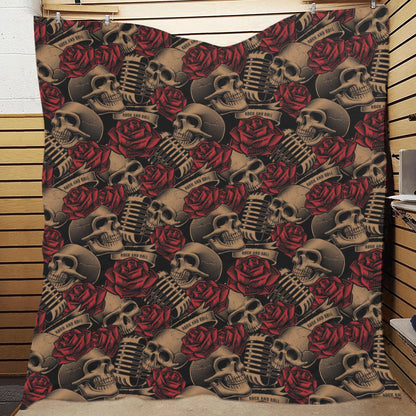 Microphone Skull Rose Pattern Print Design 02 Premium Quilt