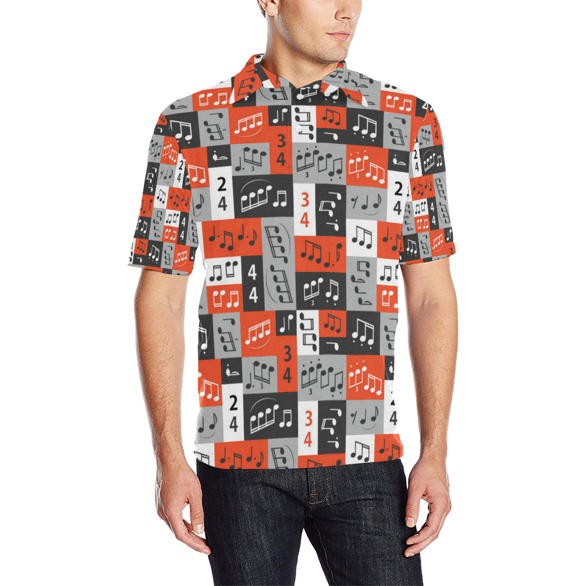 Music Note Design Themed Print Men Polo Shirt