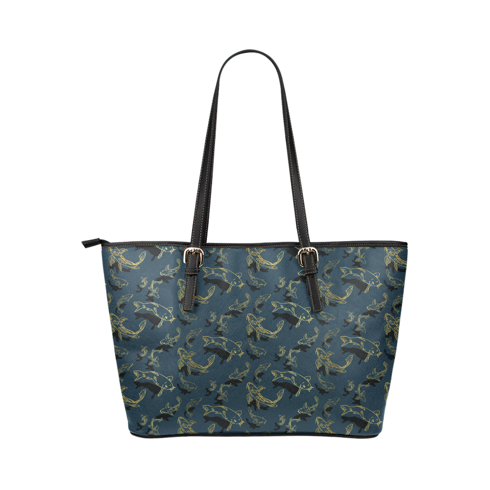 Koi Carp Gold Design Themed Print Leather Tote Bag