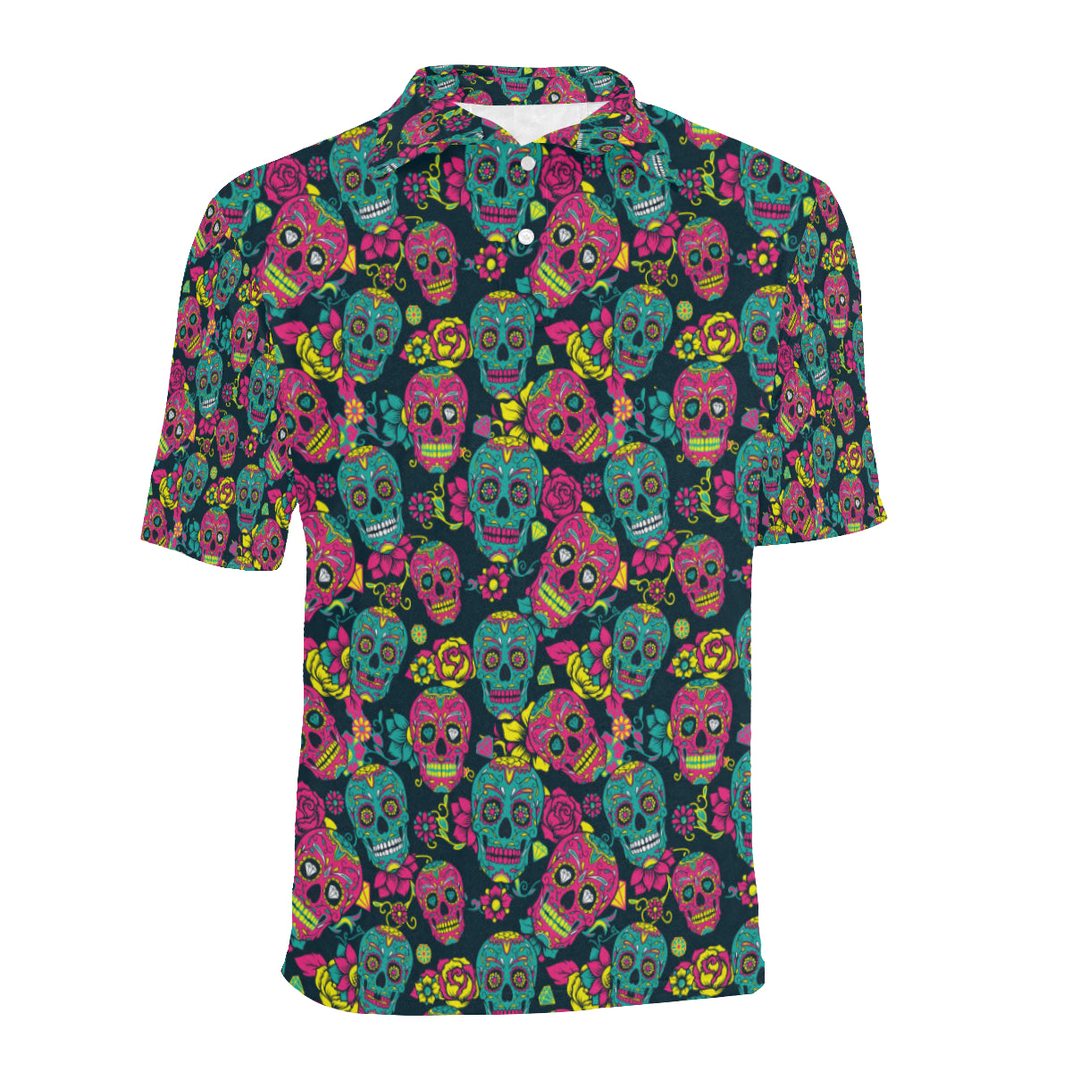 Sugar Skull Floral Design Themed Print Men Polo Shirt