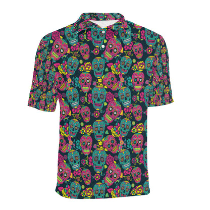 Sugar Skull Floral Design Themed Print Men Polo Shirt
