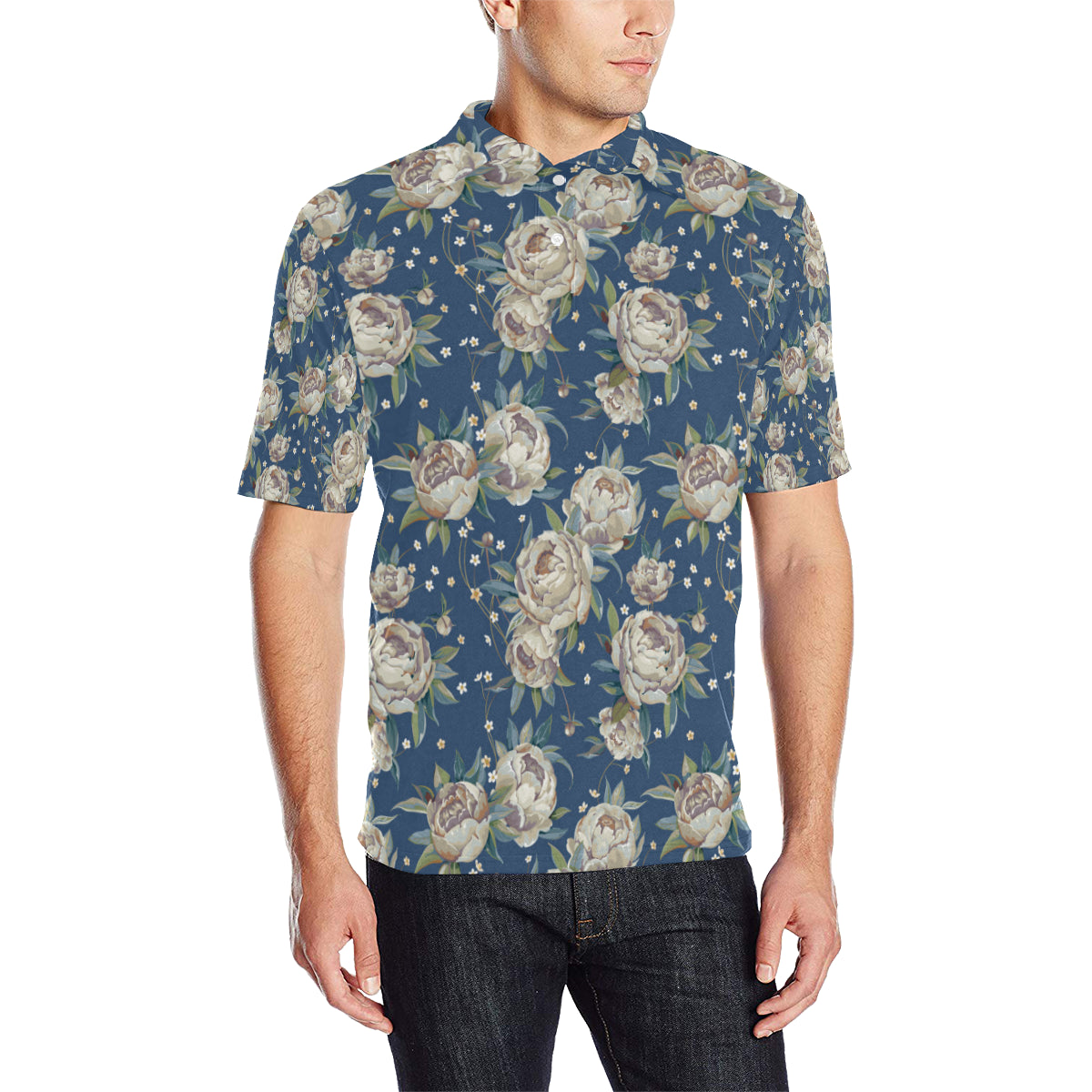Peony Pattern Print Design A03 Men Polo Shirt
