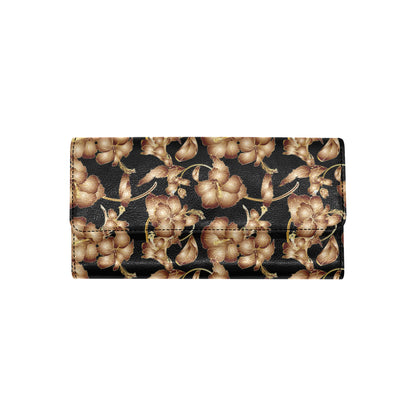 Brown Hibiscus Pattern Print Design HB06 Women's Trifold Wallet