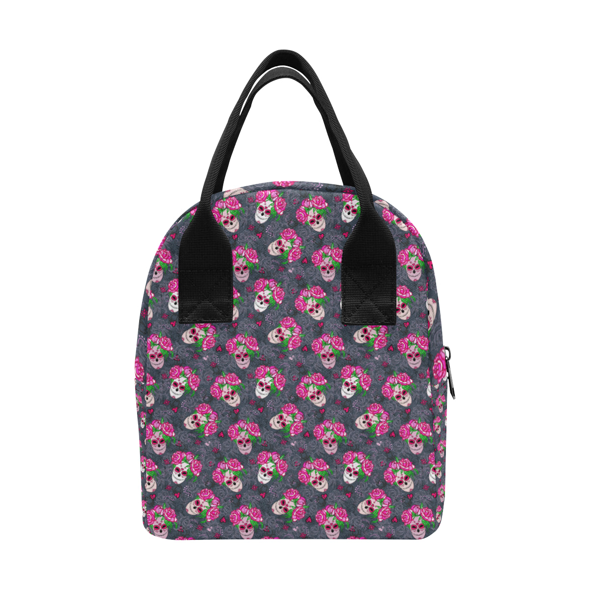Sugar Skull Pink Rose Themed Print Insulated Lunch Bag