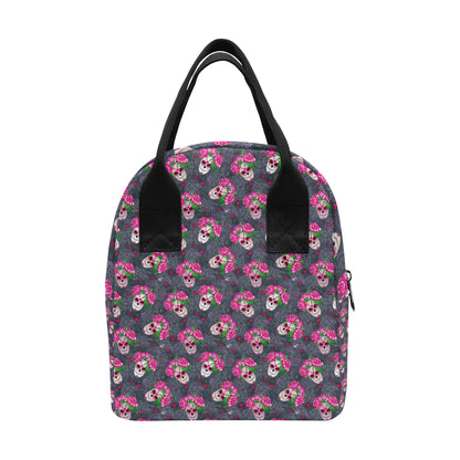Sugar Skull Pink Rose Themed Print Insulated Lunch Bag