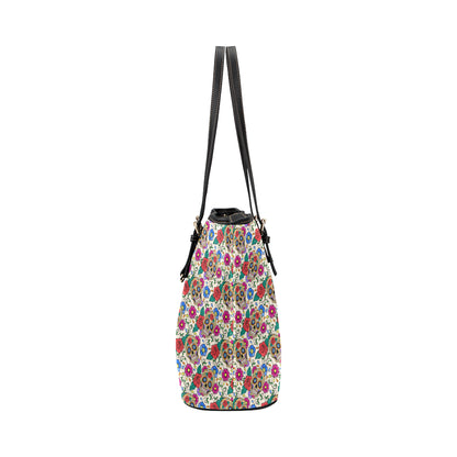 Sugar Skull Colorful Themed Print Leather Tote Bag