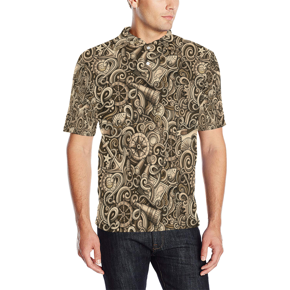 Nautical Tattoo Design Themed Print Men Polo Shirt