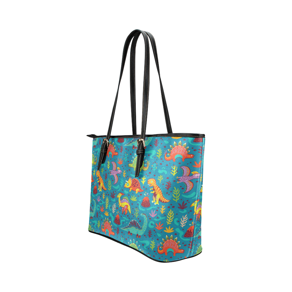 Dinosaur Cartoon Style Leather Tote Bag