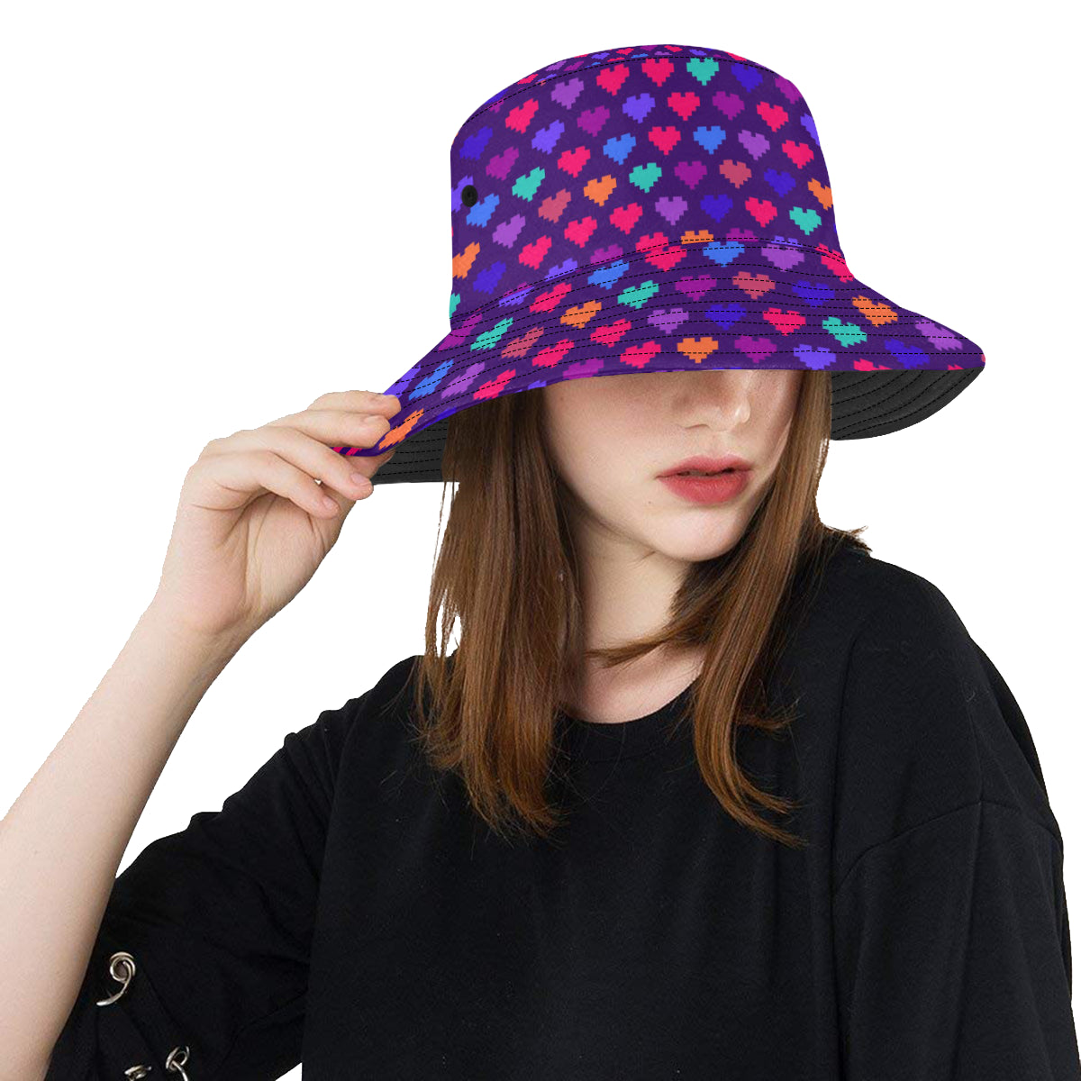 Heart Pixel Pattern Print Design HE03 Unisex Bucket Hat