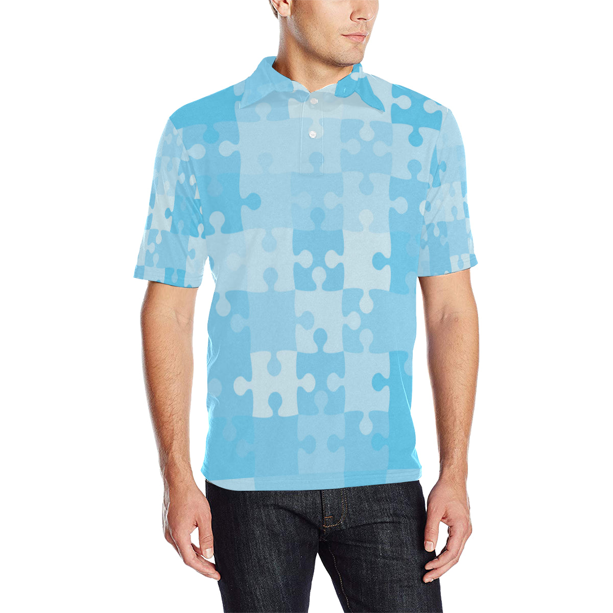 Puzzle Blue Pattern Print Design A04 Men Polo Shirt