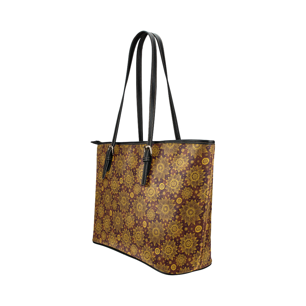 Gold Sunflower Hand Drawn Print Leather Tote Bag