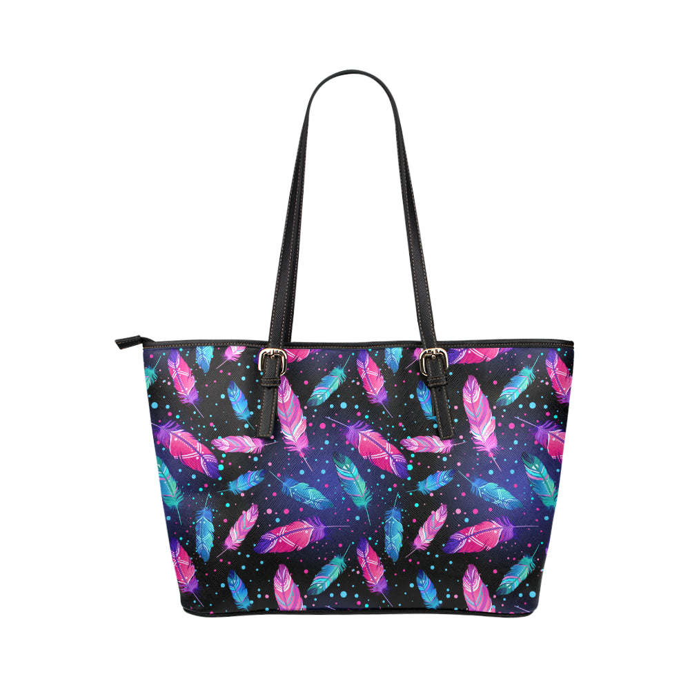 Feather Colorful Boho Design Print Leather Tote Bag