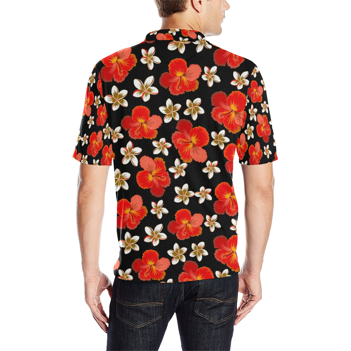 Red Hibiscus Pattern Print Design HB022 Men Polo Shirt