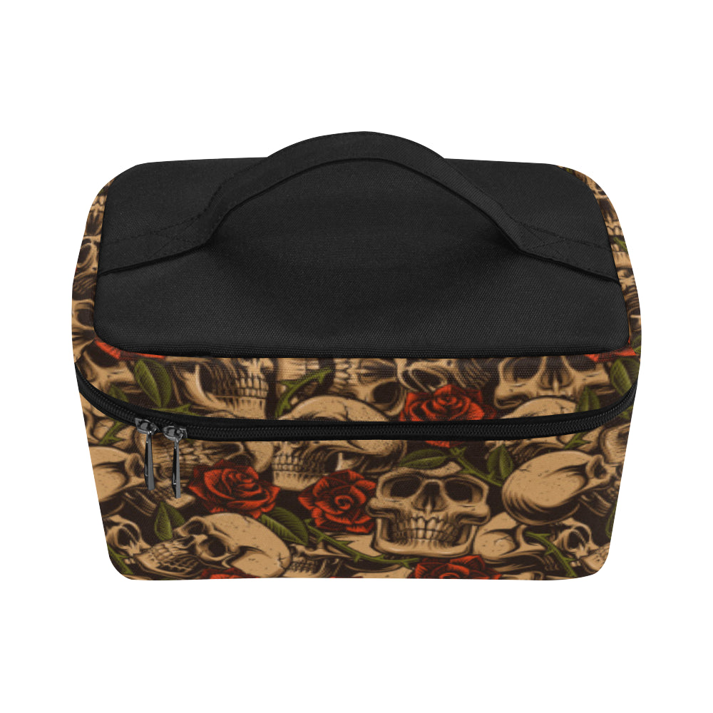 Skull Roses Vintage Design Themed Print Makeup Bag