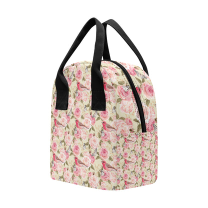 Bird Butterfly Pink Flower Print Pattern Insulated Lunch Bag