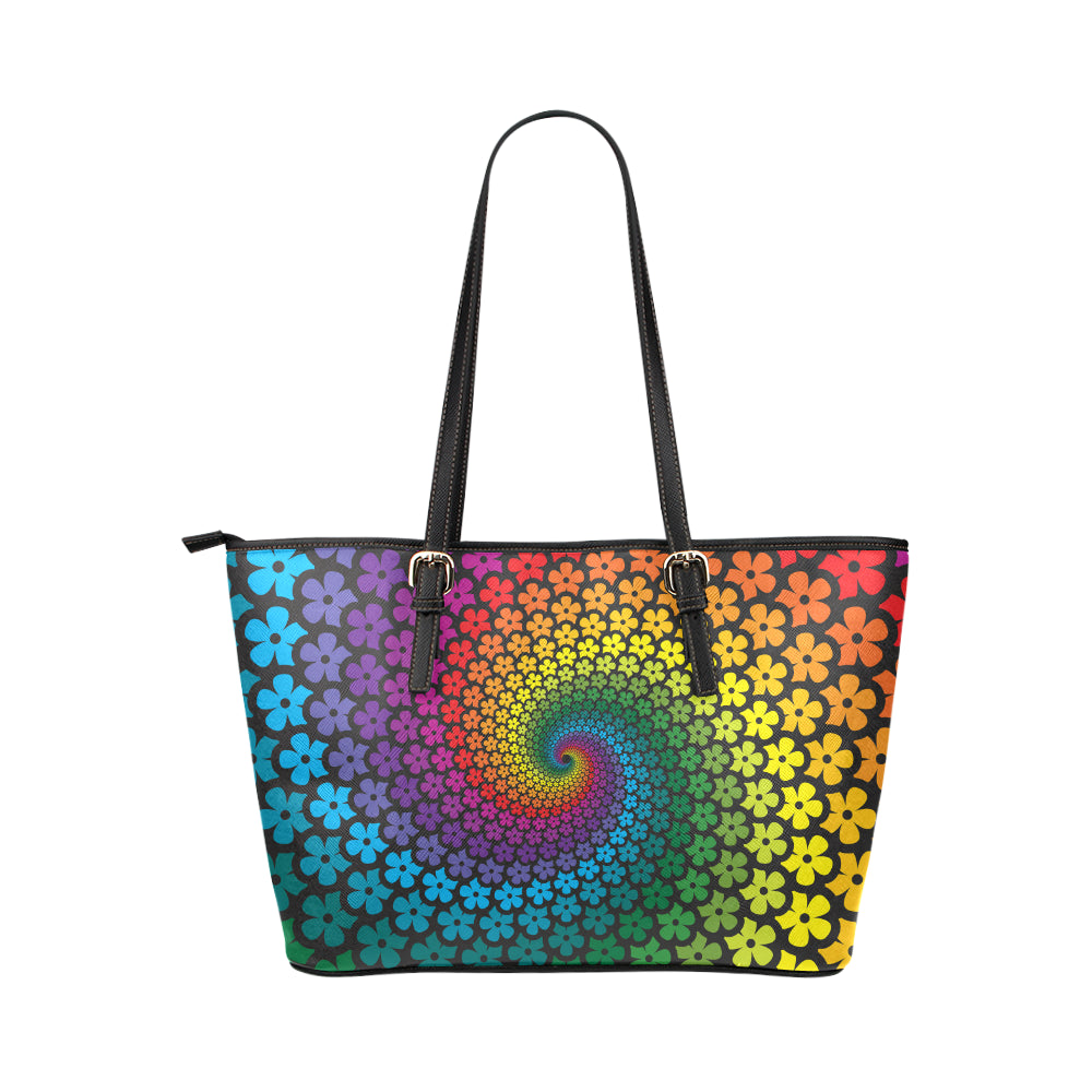Flower Power Rainbow Spiral Print Leather Tote Bag