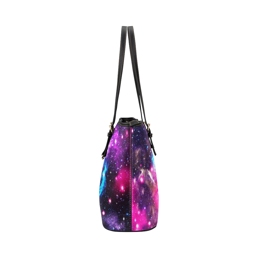 Galaxy Night Purple Space Print Leather Tote Bag