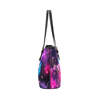 Galaxy Night Purple Space Print Leather Tote Bag