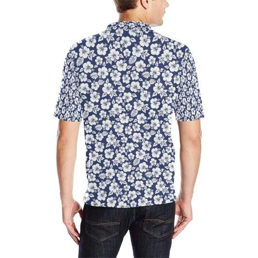 Hibiscus Blue Hawaiian Flower Style Men Polo Shirt