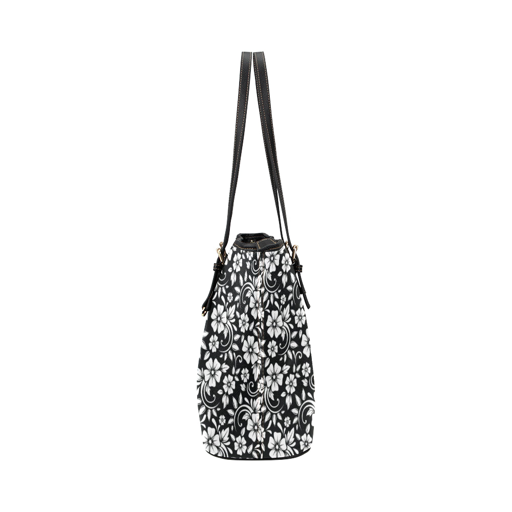 Floral Black White Themed Print Leather Tote Bag